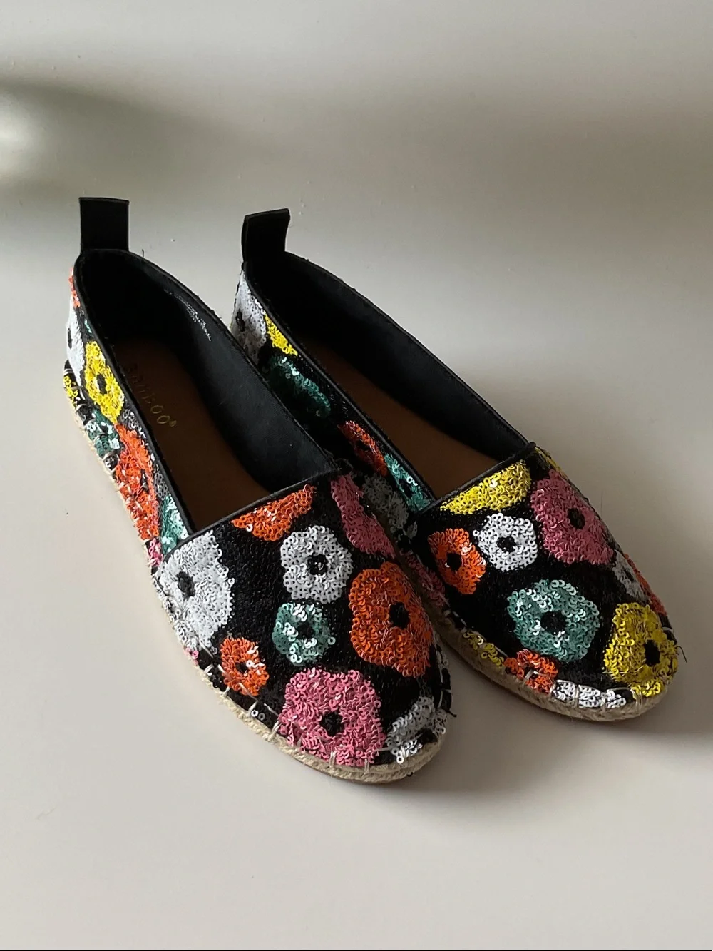 BAMBOO Black Espadrilles with Multicolor Sequin Flowers